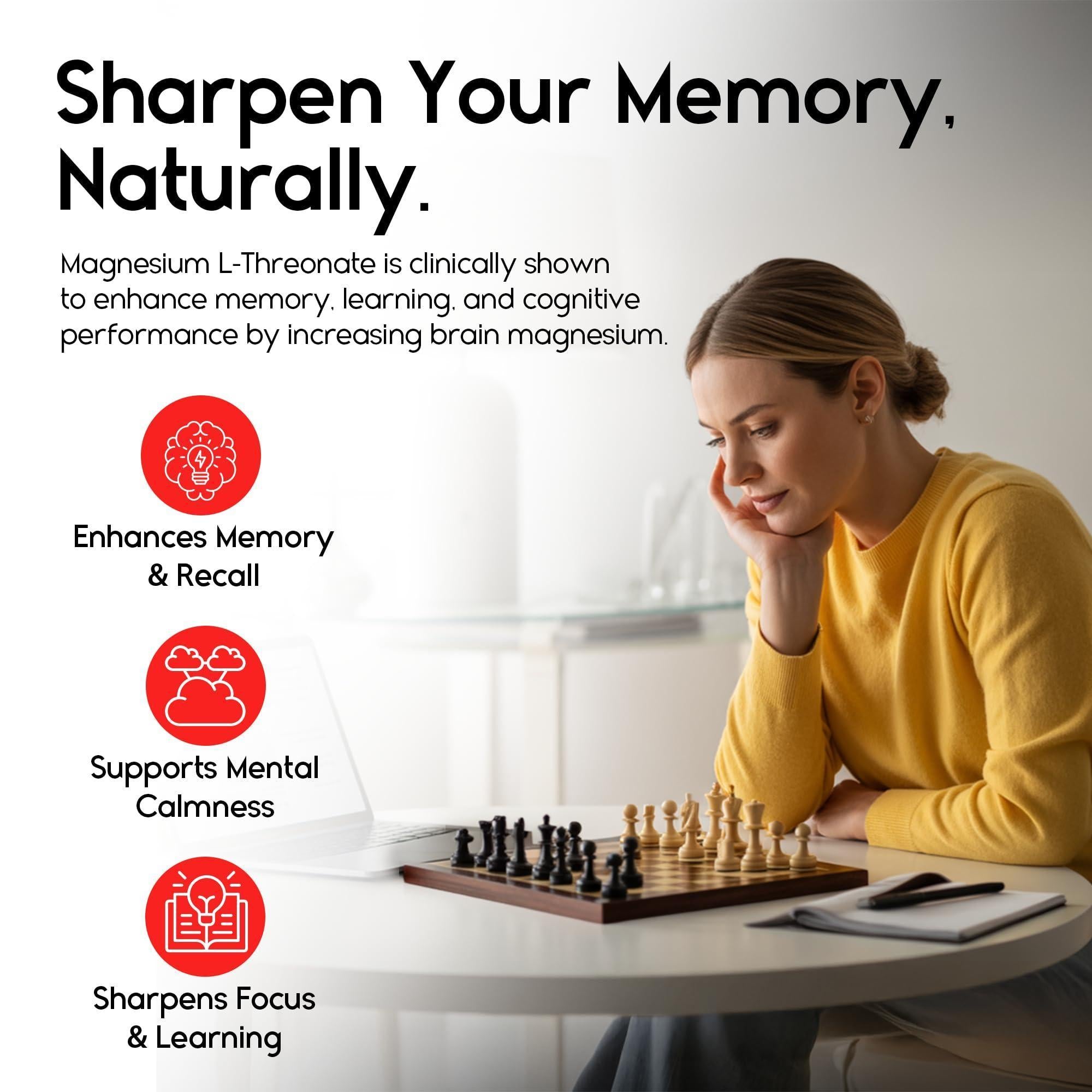 Gomitas de Magnesio L Treonato para Adultos y Niños 2000mg Suplementos para el Cerebro para la Memoria y la Concentración, Gomitas Calmantes de Magnesio para un Sueño Mejorado y una Mente Saludable, 60 Unidades, Sabor Fresa