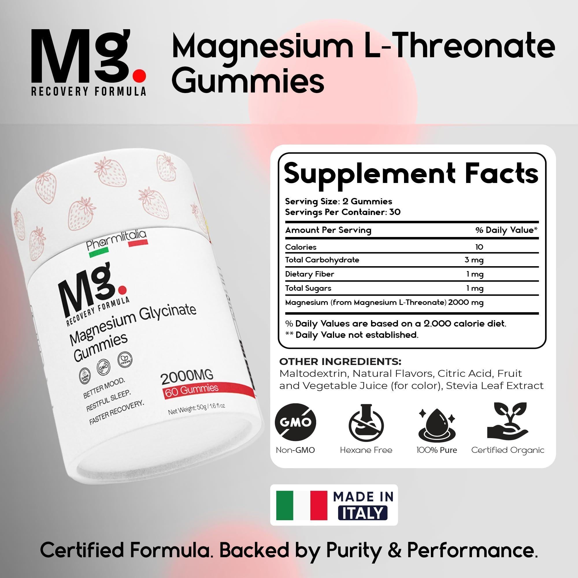 Gomitas de Magnesio L Treonato para Adultos y Niños 2000mg Suplementos para el Cerebro para la Memoria y la Concentración, Gomitas Calmantes de Magnesio para un Sueño Mejorado y una Mente Saludable, 60 Unidades, Sabor Fresa