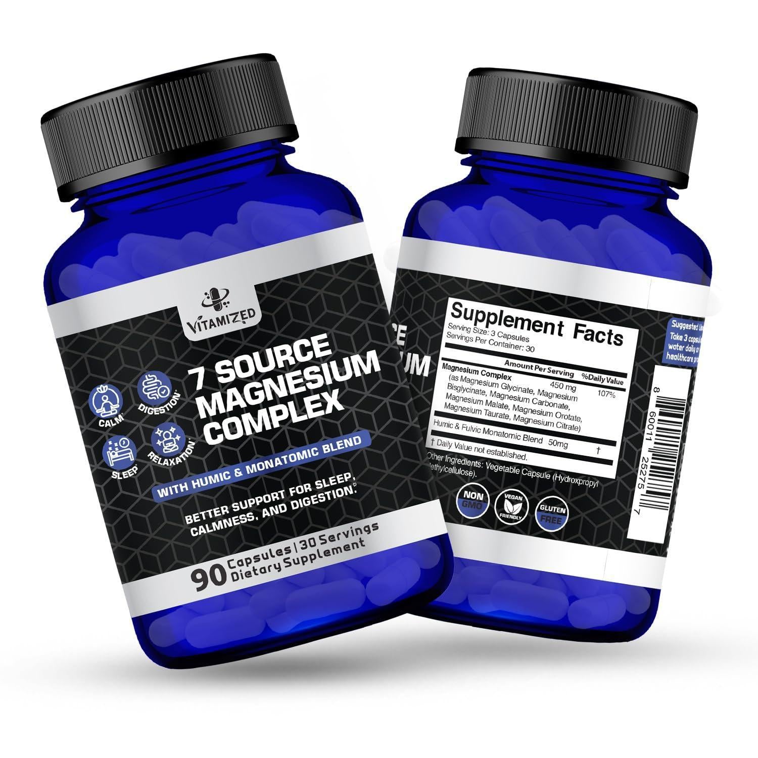 Complejo de magnesio para la relajación del sueño: digestión y calma 90 quilates de citrato de glicinato de glicinato de magnesio Bisglicinato bisglicinato de carbonato de malato de carbonato de hidrato húmico fúlvico húmico para una alta absorción