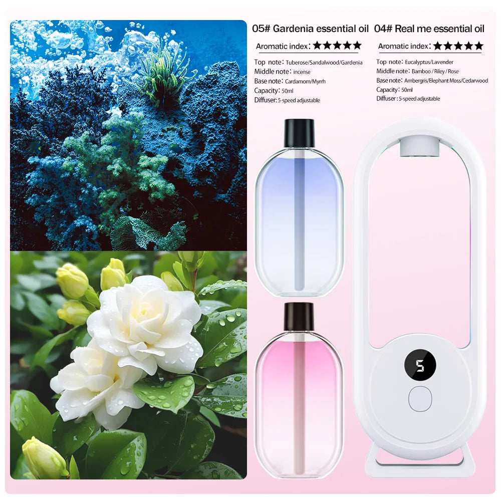 Difusor de aroma portátil recargable Aluminador de aromaterapia Máquina de aromaterapia Refrescante de aire temporizado para eliminar olores 5 modos de pulverización cronometrada