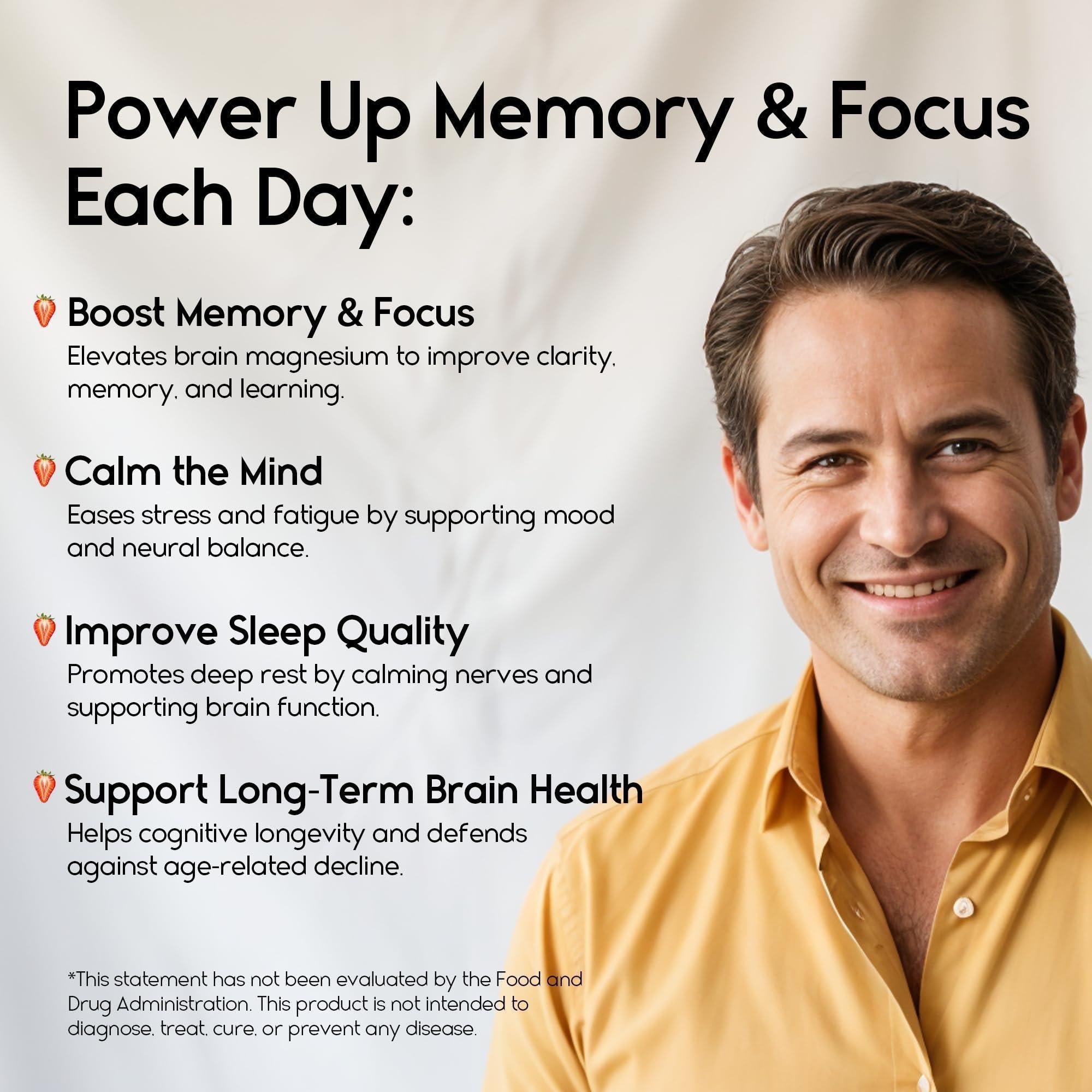 Gomitas de Magnesio L Treonato para Adultos y Niños 2000mg Suplementos para el Cerebro para la Memoria y la Concentración, Gomitas Calmantes de Magnesio para un Sueño Mejorado y una Mente Saludable, 60 Unidades, Sabor Fresa